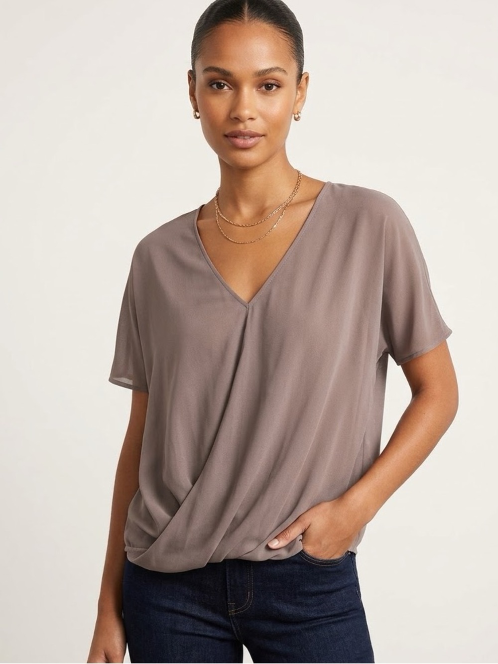 Halston Heritage Taupe V-Neck Draped Wrap Front Blouse M